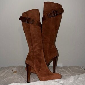 AUTHENTIC Givenchy Brown Suede Silver Belt Buckle Heeled boots Womens EU 36